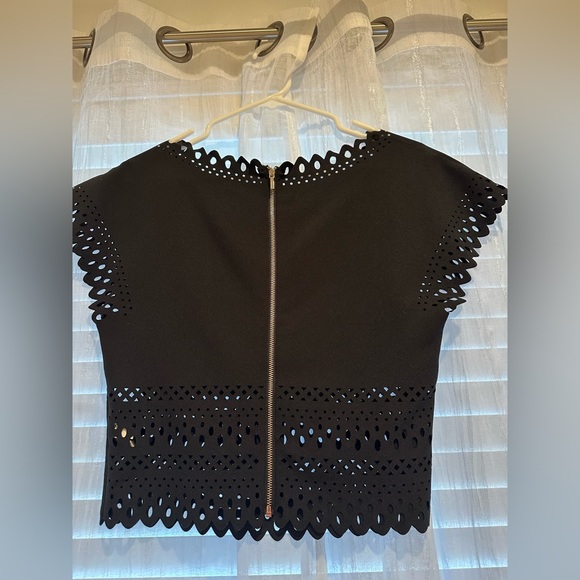 BEBE Black Crop Top with Decorative Cut Out Edge Zipper Back - Picture 4 of 6
